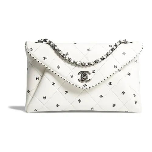 CHANEL Leather Envelope Bag Chain Clutch Women's White