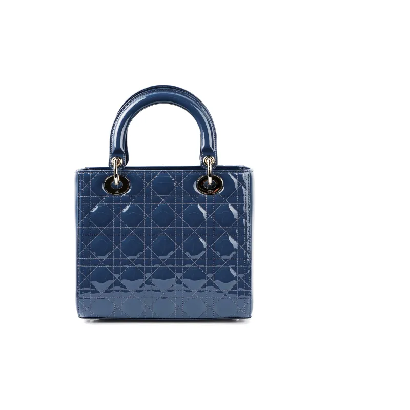 DIOR Lady Dior Patent Leather Cowhide Dior Bag Shoulder Bag Crossbody Bag Handbag Medium Size Women's Dark Denim Blue-2
