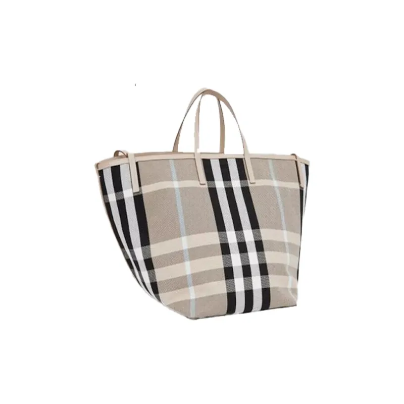 Burberry Plaid Canvas Beach Bag Tote Bag Shopping Bag Handbag Unisex Light Brown-2