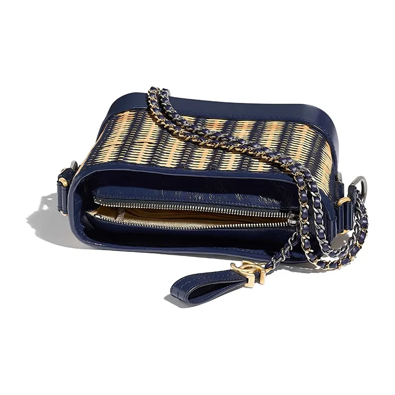 CHANEL Bamboo Woven With Cow Leather Shoulder Bag, Crossbody Bag, Handheld Backpack Trumpets Women's Beige/Marine Blue-2