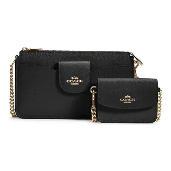 COACH POPPY Solid Color Pebbled Leather Combo Bag Card Holder Crossbody Bag Women's Black