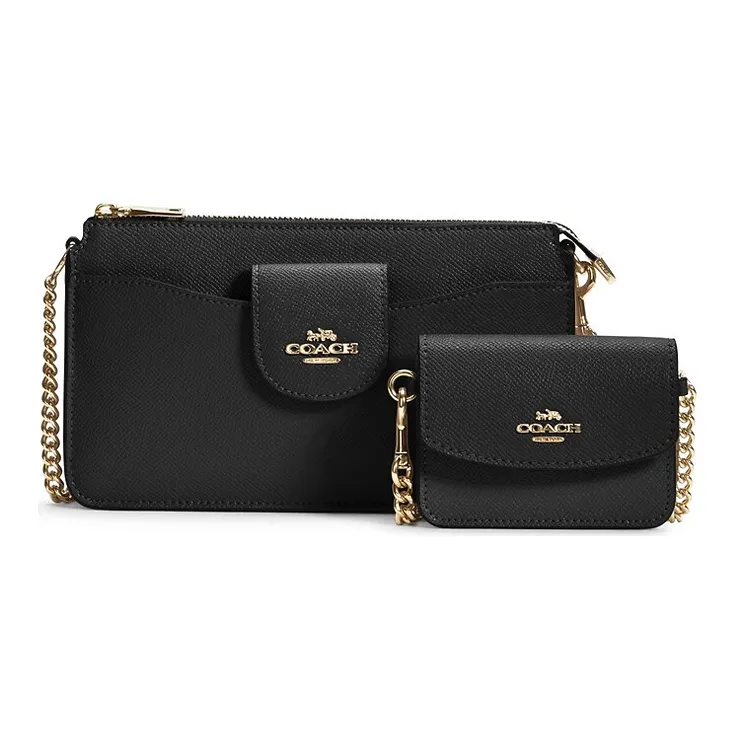 COACH POPPY Solid Color Pebbled Leather Combo Bag Card Holder Crossbody Bag Women's Black-0