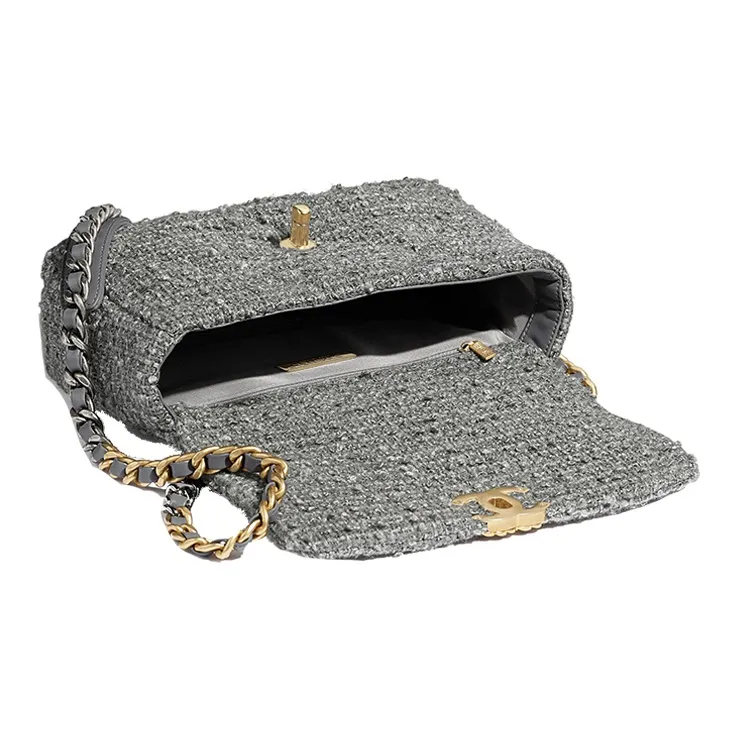 CHANEL 19Bag Soft Tweed Fabric Chain Shoulder Bag, Crossbody Bag Trumpets Women's Gray-2