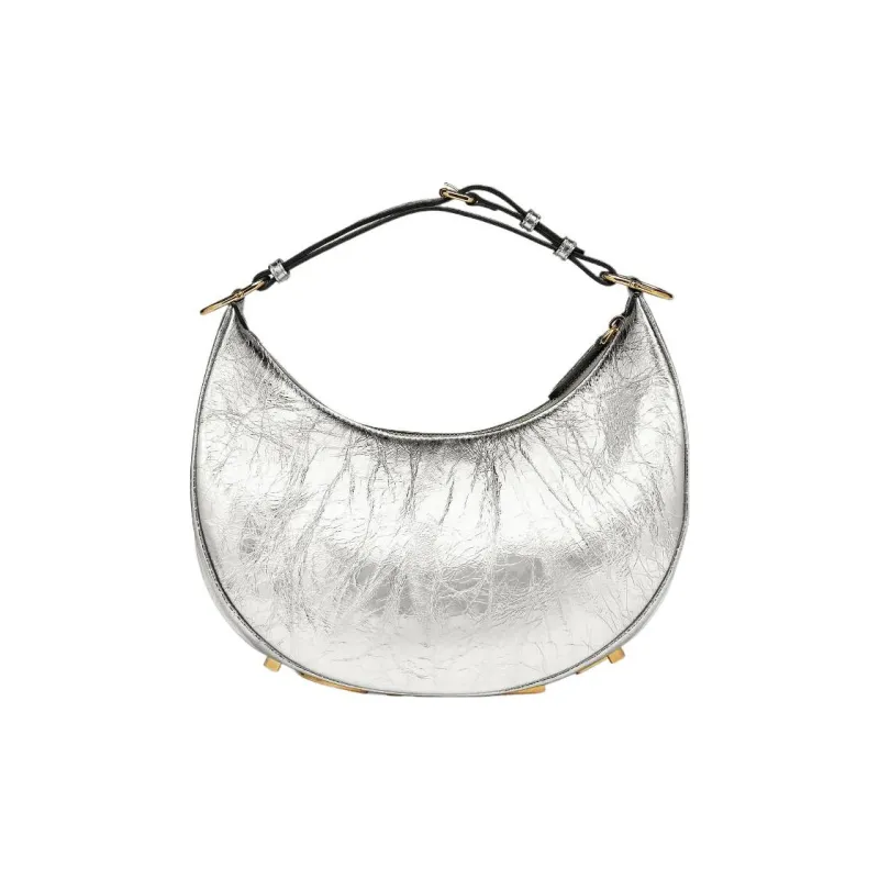 FENDI Fendigraphy Leather Crescent Bag Portable Shoulder Bag Small Size Women's Silver-4