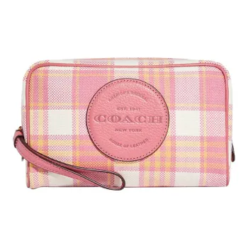 COACH Dempsey Jacquard With Pebbled Leather Clutch Makeup Bag Mini Women's Pink/White/Yellow