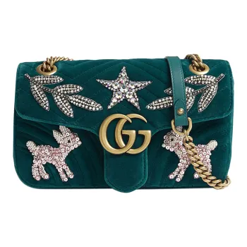 GUCCI GG Marmont Quilted Velvet Chain Shoulder Bag Crossbody Bag Small Size Women's Dark Green