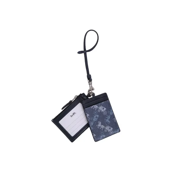 COACH Lanyard Leather ID Holder Coin Card Two Piece Set Card Holder Mini Women's Blue-2