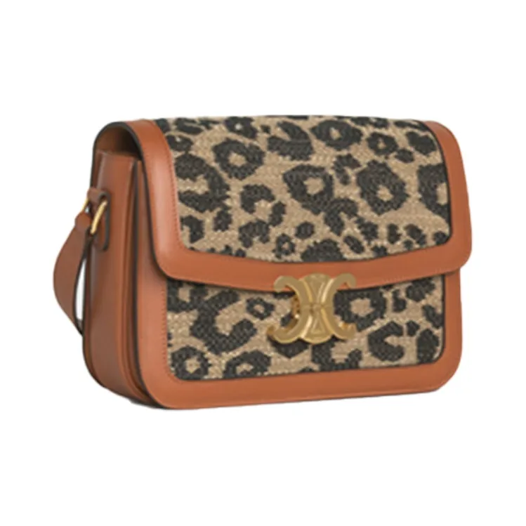 CELINE Triomphe Arc De Triomphe Fabric Cow Leather Patchwork Shoulder Bag Women's Leopard Print/Tawny-3