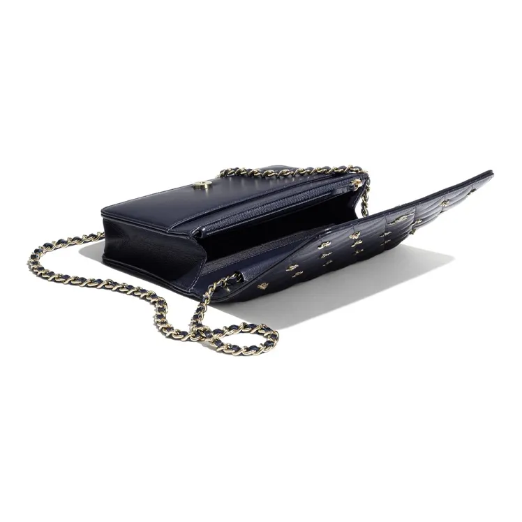 CHANEL Sheepskin Decoration Detail And Gold Plated Metal Wallet, Shoulder Bag Women's Marine Blue-3