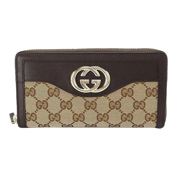 GUCCI Canvas With Leather Money Clip Wallet Women's Ebony/Brown-0