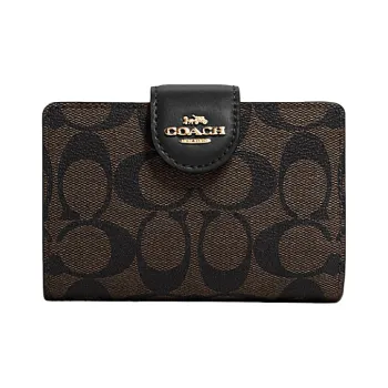 COACH Corner Zip Canvas With Leather Wrist Bag Clutch Mahjong Wallet Medium Size Women's Dark Brown/Black