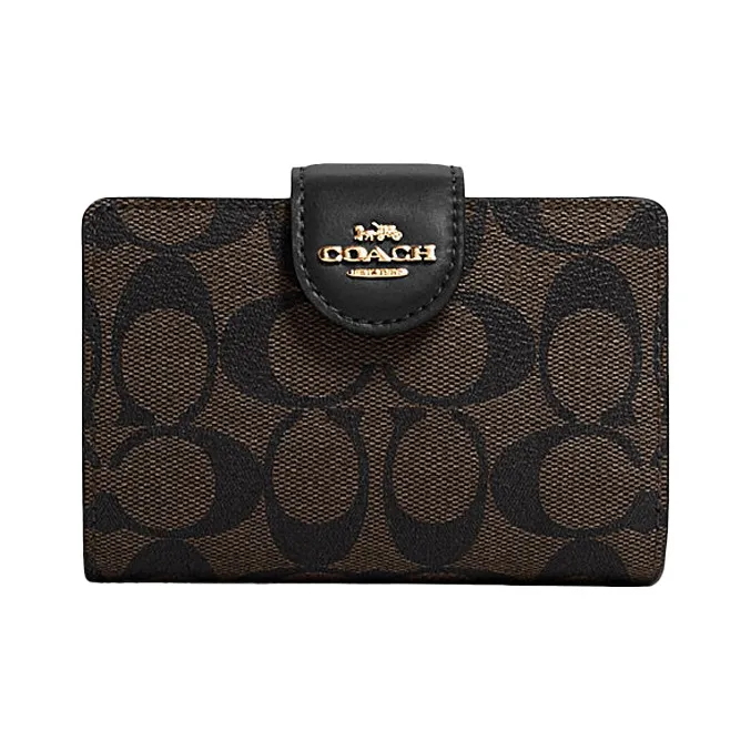 COACH Corner Zip Canvas With Leather Wrist Bag Clutch Mahjong Wallet Medium Size Women's Dark Brown/Black-0