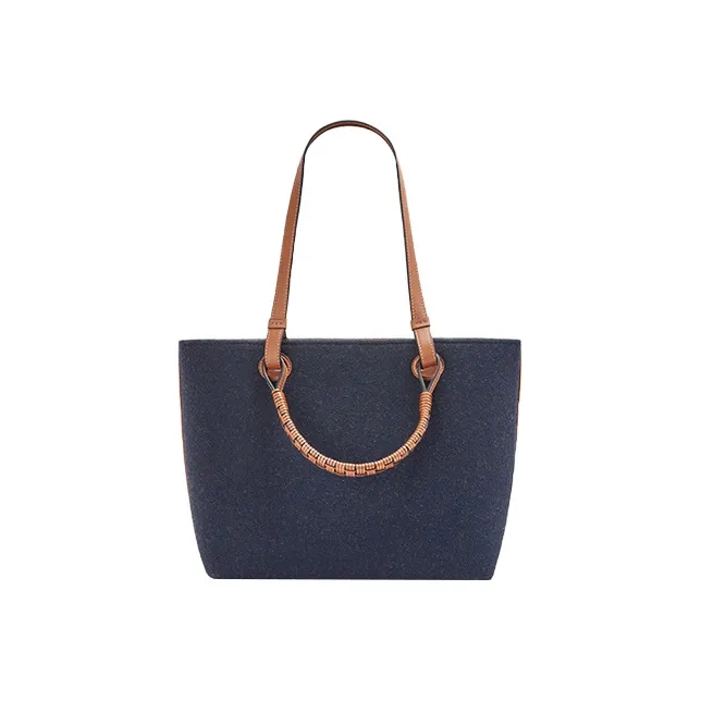 LOEWE Anagram Wool/Calfskin Tote Bag, Shopping Bag, Shoulder Bag, Handbag Women's Marine Blue/Tan-2