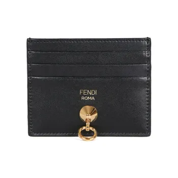 FENDI Leather Card Clip Card Holder Women's Black