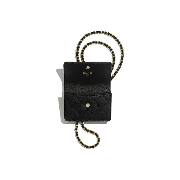 CHANEL Grain Calfskin Coin Purse Necklace Pouch Crossbody Bag Medium Size Women's Black-2
