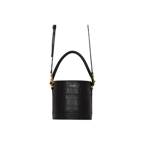 SAINT LAURENT Crocodile Pattern Patent Leather Bucket Bag Handbag Crossbody Bag Shoulder Bag Small Size Women's Black