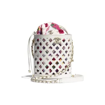 CHANEL Drawstring Fabric Metal Calfskin Crossbody Bag, Shoulder Bag Women's White