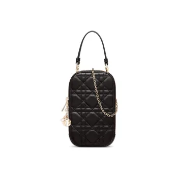 DIOR Lady Dior Sheepskin Wicker Pattern Shoulder Bag Crossbody Bag Handbag Cell Phone Pouch Women's Black