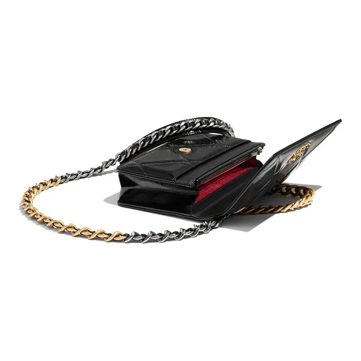 CHANEL 19Bag Waxed Leather Calfskin With Metal WOC Wallet On Chain, Handbag, Shoulder Bag, Crossbody Bag Women's Black-2