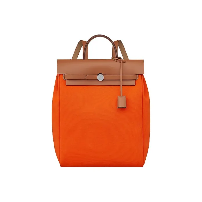 HERMES Herbag Zip Canvas With Hunter Cow Leather Handbag Backpack Unisex Orange Red-0