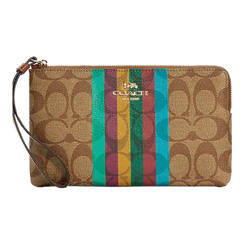 COACH Corner Zip Canvas With Leather Clutch Small Size Women's Brown