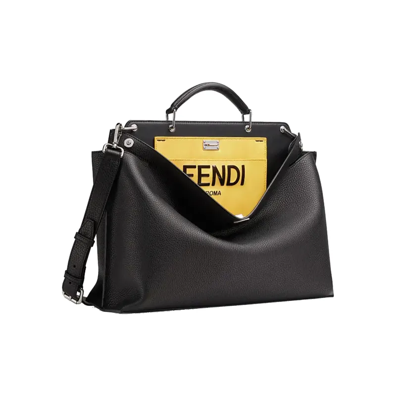 FENDI Peekaboo Cow Leather Briefcase One Shoulder Handbag Men's Black & Yellow-1