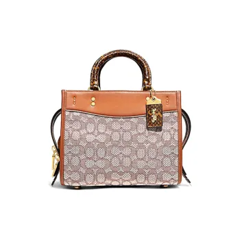 COACH Rogue Jacquard Fabric Snake Skin Detail Shoulder Bag, Crossbody Bag, Handbag Medium Size Women's Khaki Caramel