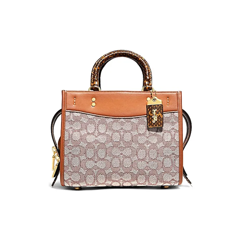 COACH Rogue Jacquard Fabric Snake Skin Detail Shoulder Bag, Crossbody Bag, Handbag Medium Size Women's Khaki Caramel-0