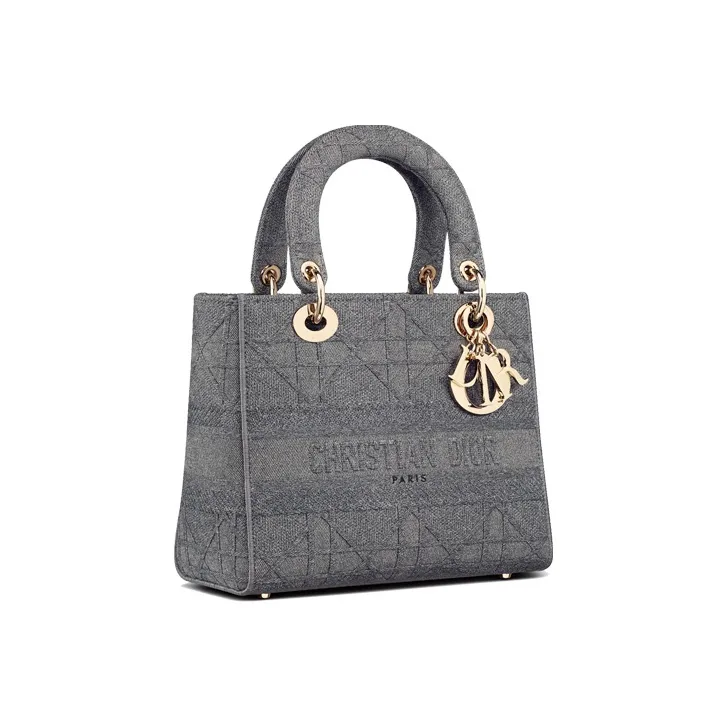 DIOR Lady D Lite Embroidery Handbag Medium Size Women's Gray-1