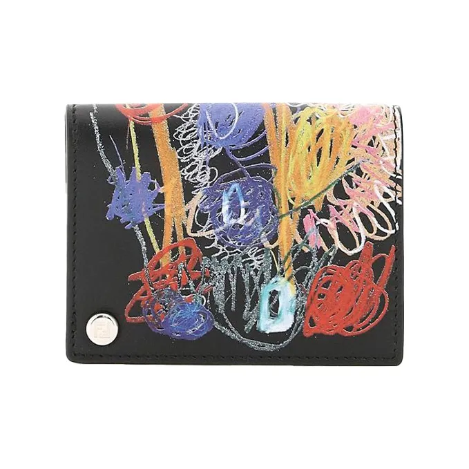 FENDI Calfskin Card Clip Card Holder Men's Black & Multicolor-1