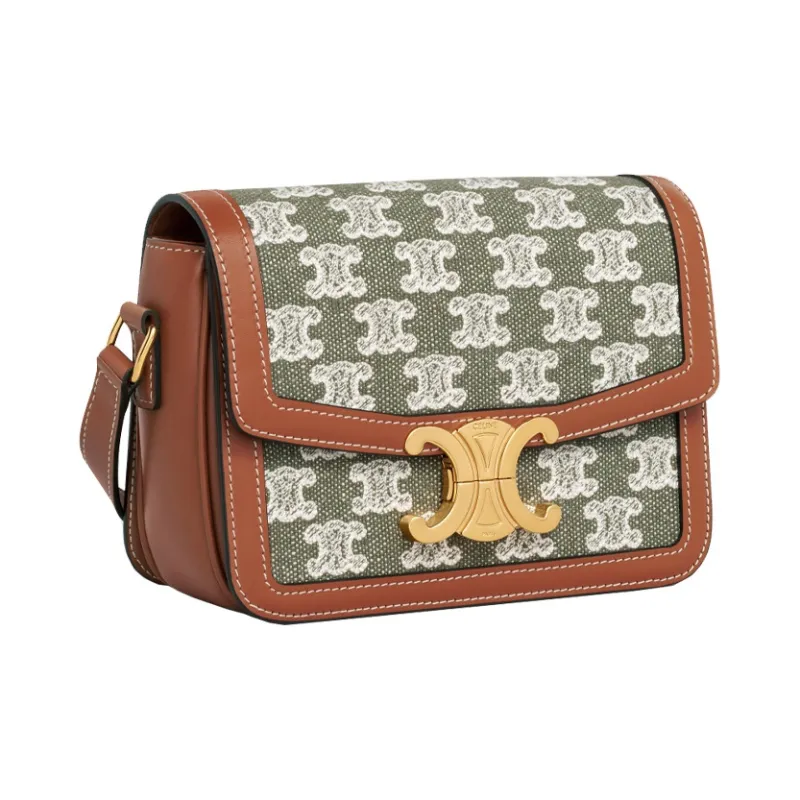 CELINE Embroidered Fabric With Cow Leather Patchwork Shoulder Bag Crossbody Bag Women's Khaki Green-1