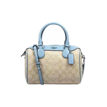 COACH Bennett Canvas Leather Boston Bag One Shoulder Handbag Crossbody Bag Medium Size Women's Sky Blue & Khaki