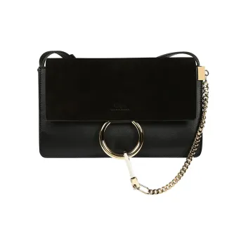 Chloe Faye Suede Patchwork Calfskin Shoulder Bag Crossbody Bag Small Size Women's Black