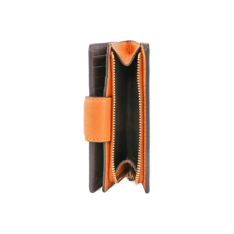 COACH Corner Zip Solid Color Cross Grain Leather Snap Closure Foldable Wallet Mini Women's Candy Orange-3