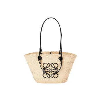 LOEWE Basket Palm Fiber With Cow Leather Basket Bag, One Shoulder Handbag Medium Size Women's Beige/Black