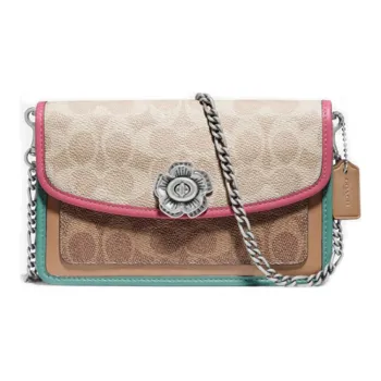 COACH Parker Coated Canvas With Leather Shoulder Bag Crossbody Bag Small Size Women's Brown Sand Blue