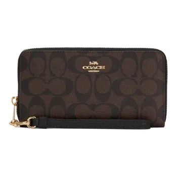 COACH Zip Around Monogram Canvas With Leather Wallet Clutch Regular Women's Black & Brown Monogram