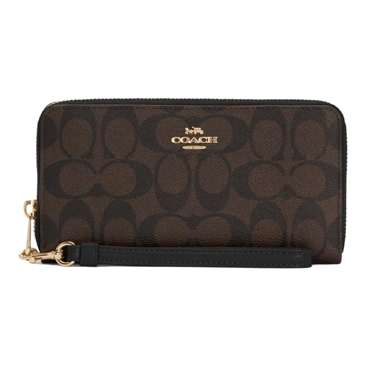 COACH Zip Around Monogram Canvas With Leather Wallet Clutch Regular Women's Black & Brown Monogram-0