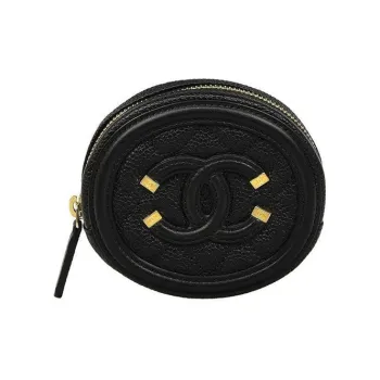 CHANEL Fish Eye Embossed Calfskin Round Zip Coin Purse Women's Black
