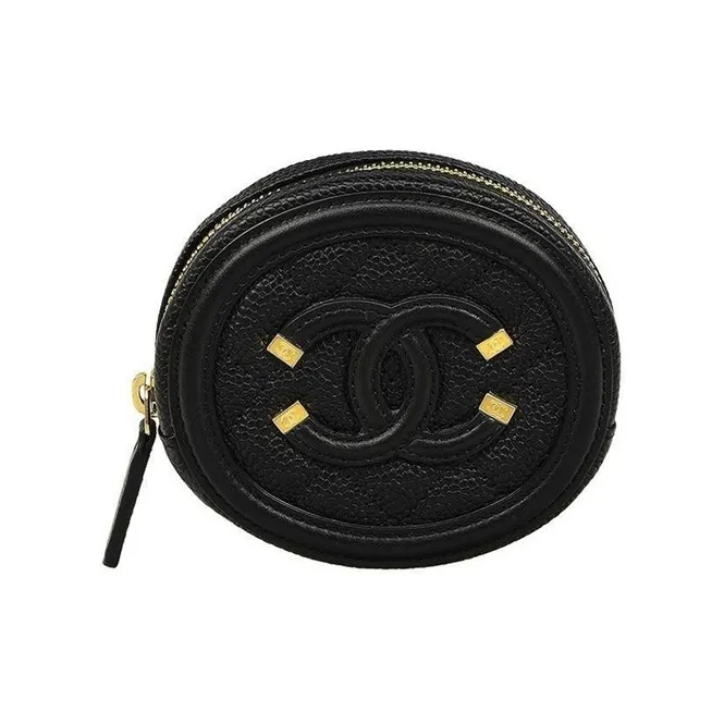 CHANEL Fish Eye Embossed Calfskin Round Zip Coin Purse Women's Black-0