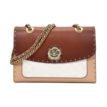 COACH Parker Canvas Chain Bag Crossbody Bag Shoulder Bag Medium Size Women's Brown Red Monogram Color Scheme