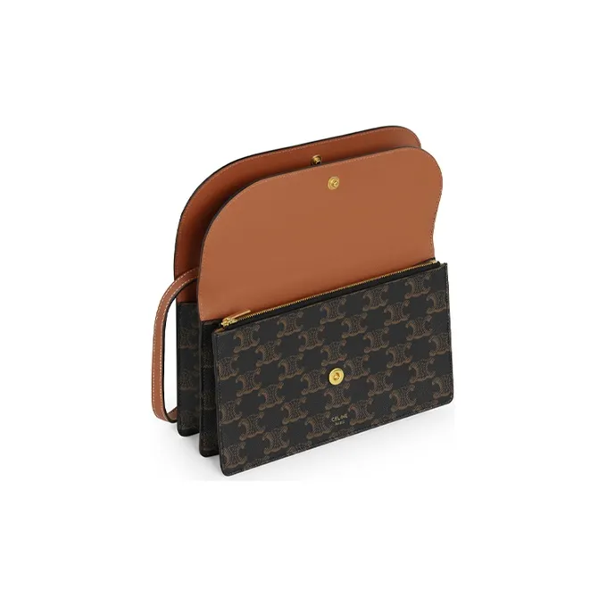 CELINE Triomphe Coated Canvas With Lambskin Trim Wallets Shoulder Bag Crossbody Bag Regular Women's Tawny-2