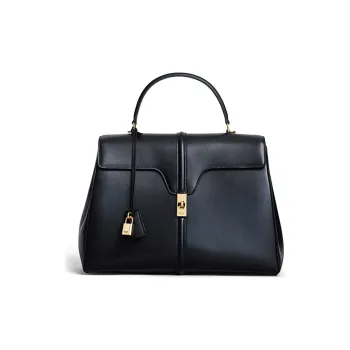 CELINE 16 Cow Leather Handbag Large Size Women's Black