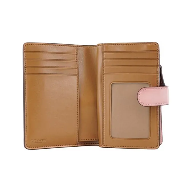 COACH Corner Zip Canvas With Leather Coin Purse Clutch Wallet Regular Women's Light Khaki With Pink Accents-2