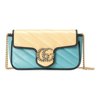 GUCCI Marmont Leather One Shoulder Handbag Crossbody Bag Mini Women's Light Blue/White