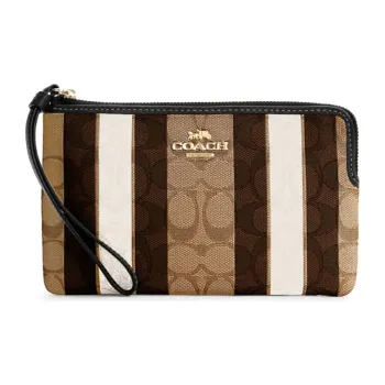 COACH Corner Zip Fabric Cell Phone Pouch Pochette Clutch Large Size Women's Khaki & Black
