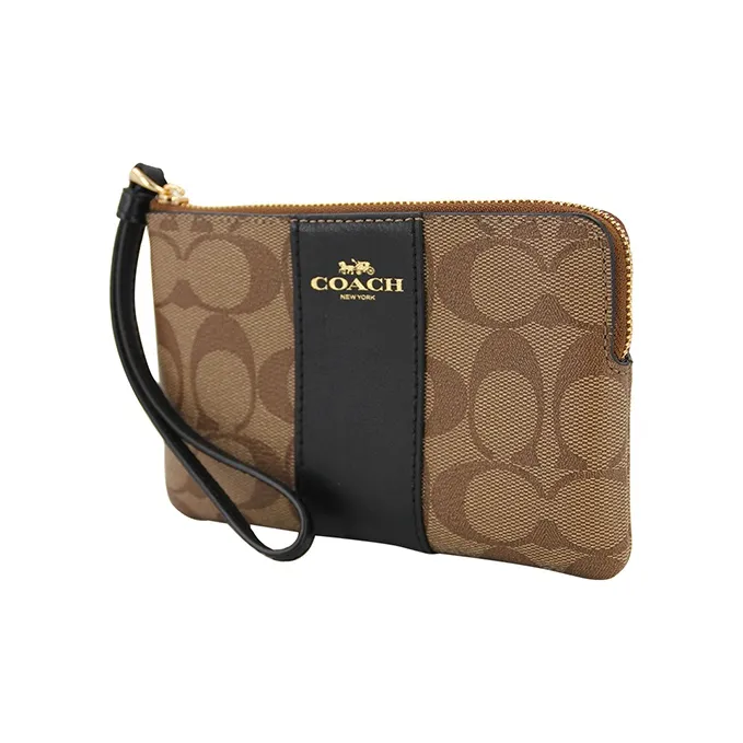 COACH Corner Zip Leather Pochette Clutch Coin Wrist Bag Wallet Trumpets Women's Black & Brown-2