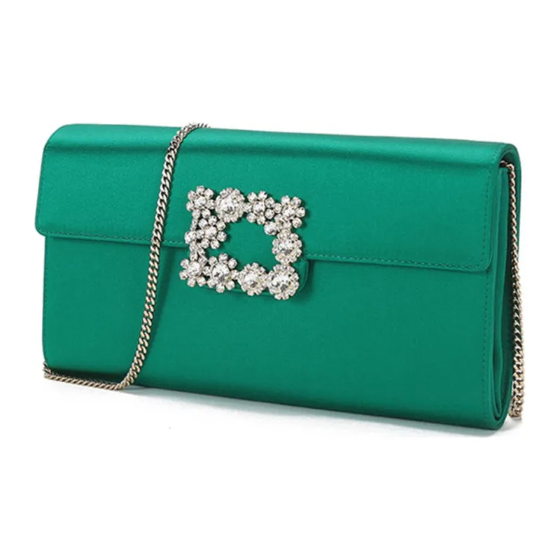 Roger Vivier Flower Strass Silk Satin Envelope Bag Shoulder Bags Women's Green Gold-1