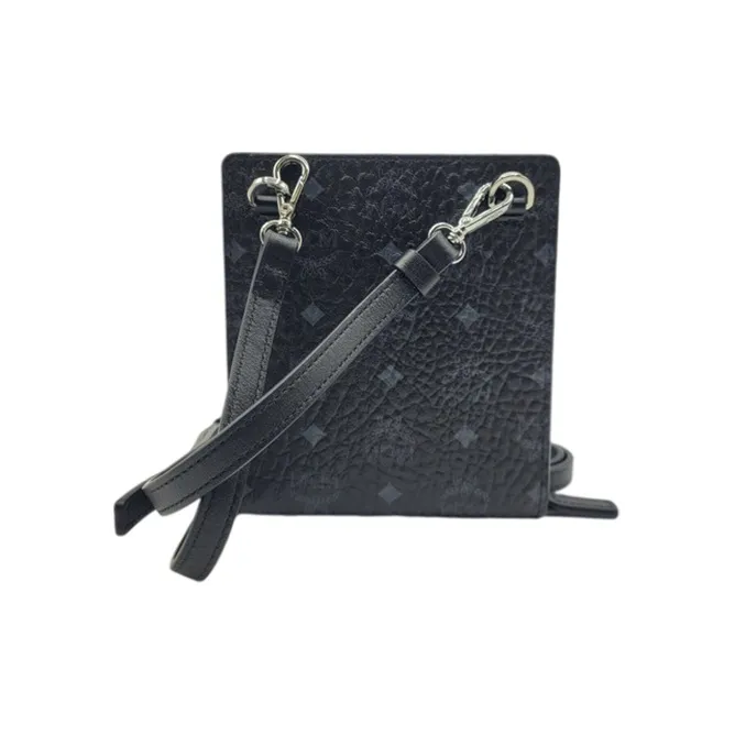 MCM Essential Visetos Origina Leather Shoulder Bag, Cell Phone Pouch, Crossbody Bag Men's Black Gray Monogram-4