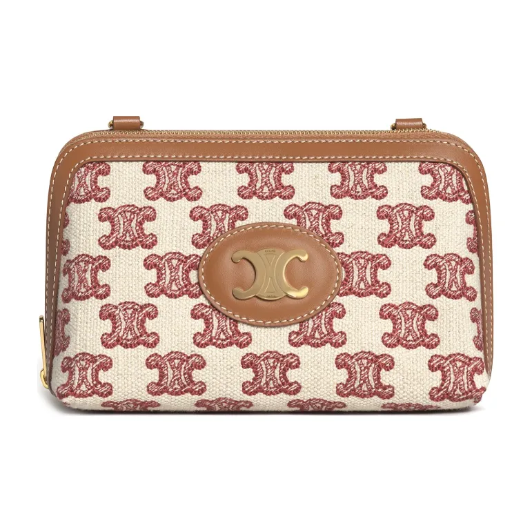 CELINE Triomphe Embroidered Fabric Cow Leather Binding Chain Bag Shoulder Bag Crossbody Bag Women's Red Fox-1